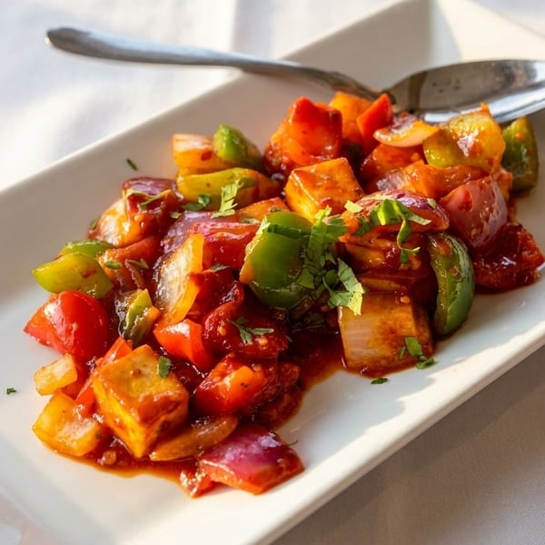 Chili Paneer, a vibrant dish with paneer, bell peppers, and onions in a rich red sauce.