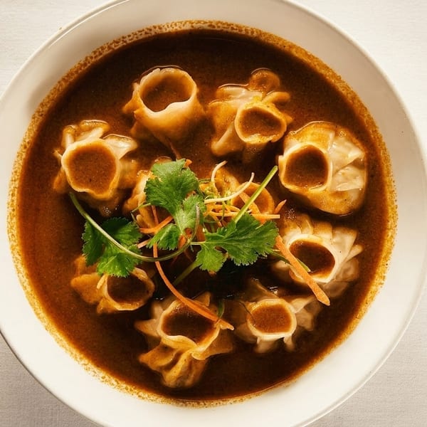 Overhead view of dumplings in a rich brown sauce, garnished with fresh cilantro and shredded carrots.