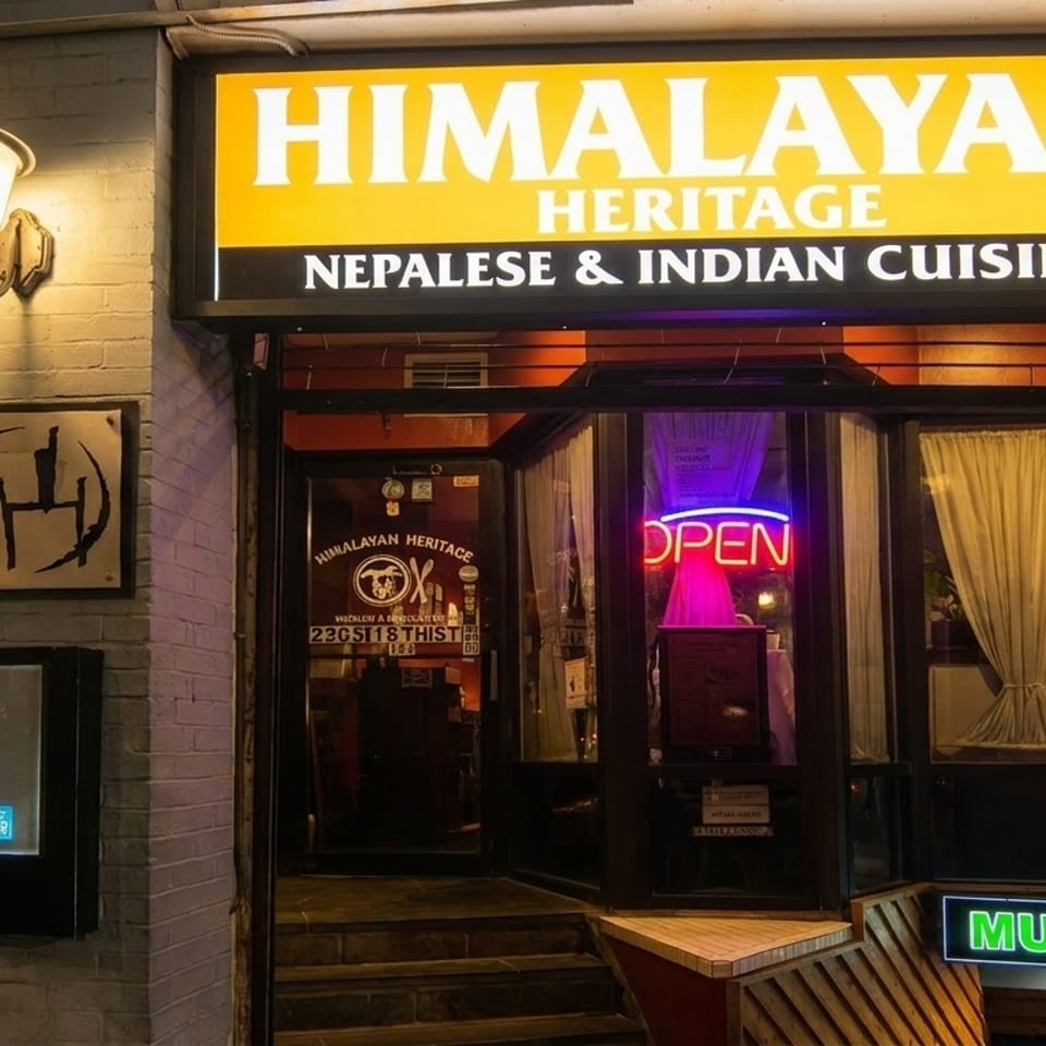 Exterior of Himalayan Heritage restaurant at night, with a bright sign and an "OPEN" neon sign.