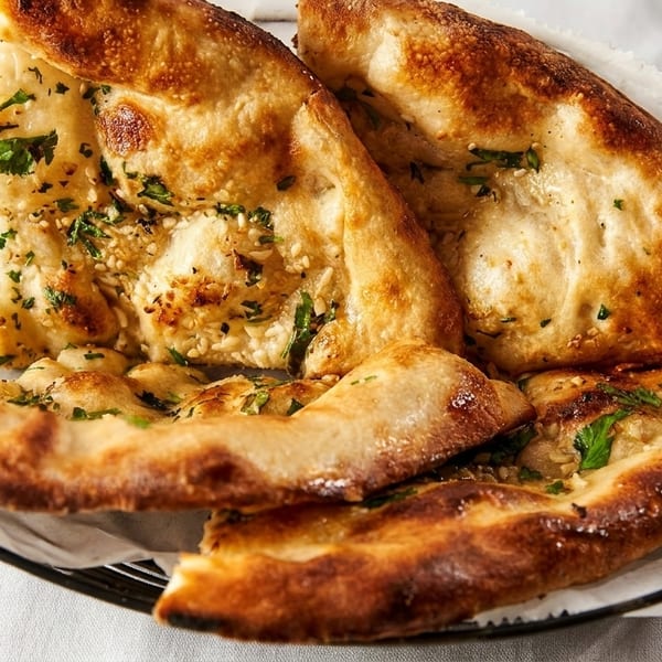 Golden brown naan bread, garnished with herbs and sesame seeds, in a black wire basket.