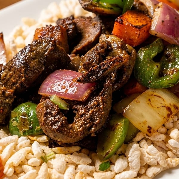 Close-up of grilled meat and vegetables on a bed of puffed rice, served on a white plate.
