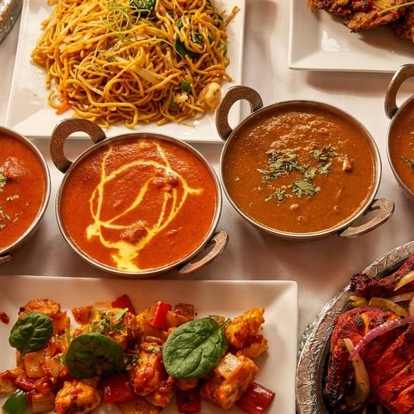 A table laden with various Indian dishes, including curries, noodles, rice, and tandoori chicken.