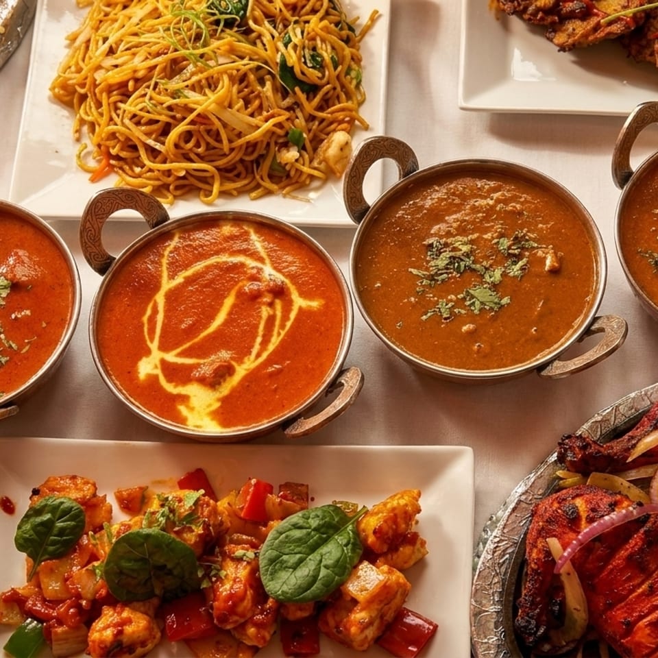 A table laden with various Indian dishes, including curries, noodles, rice, and tandoori chicken.