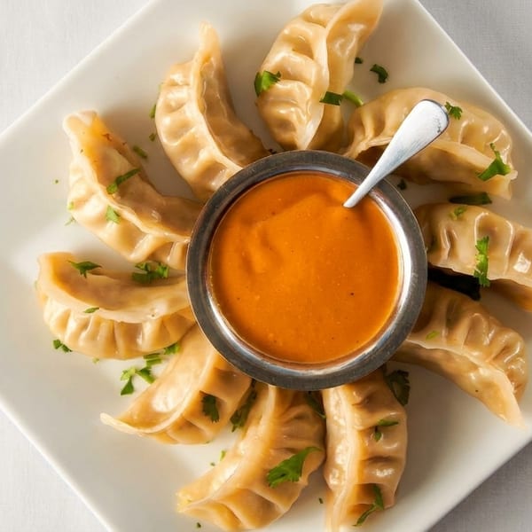 Steamed dumplings with a side of orange dipping sauce, garnished with fresh herbs.